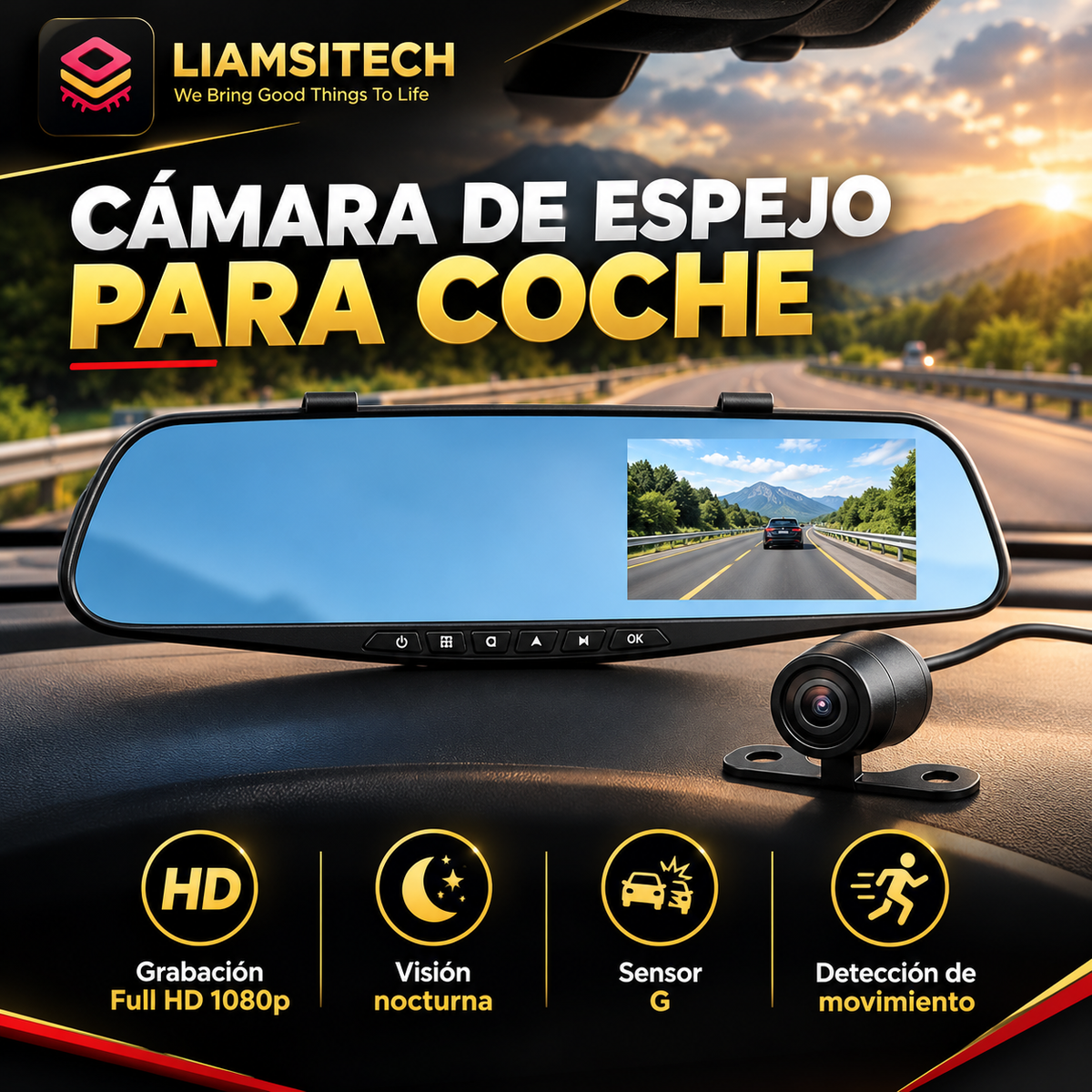 Cámara de Espejo Retrovisor para Coche Full HD 1080p