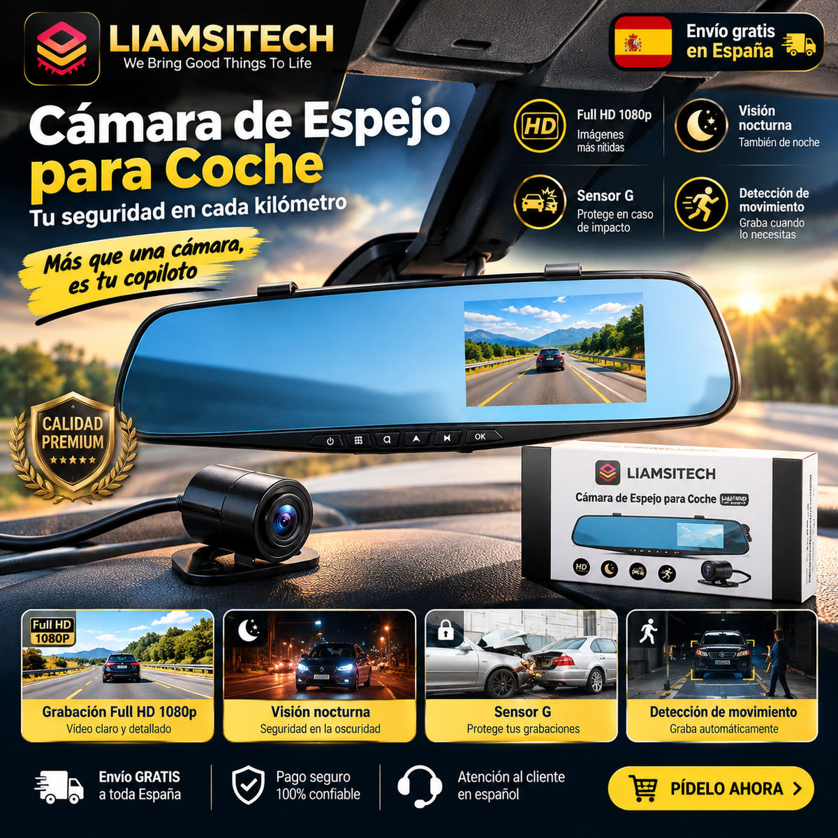 Cámara de Espejo Retrovisor para Coche Full HD 1080p