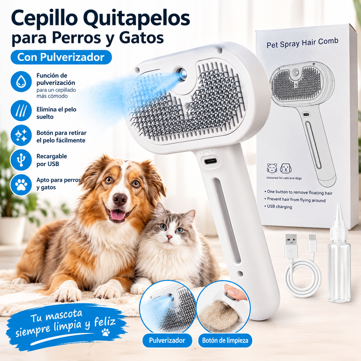 Cepillo Quitapelos para Perros y Gatos con Pulverizador
