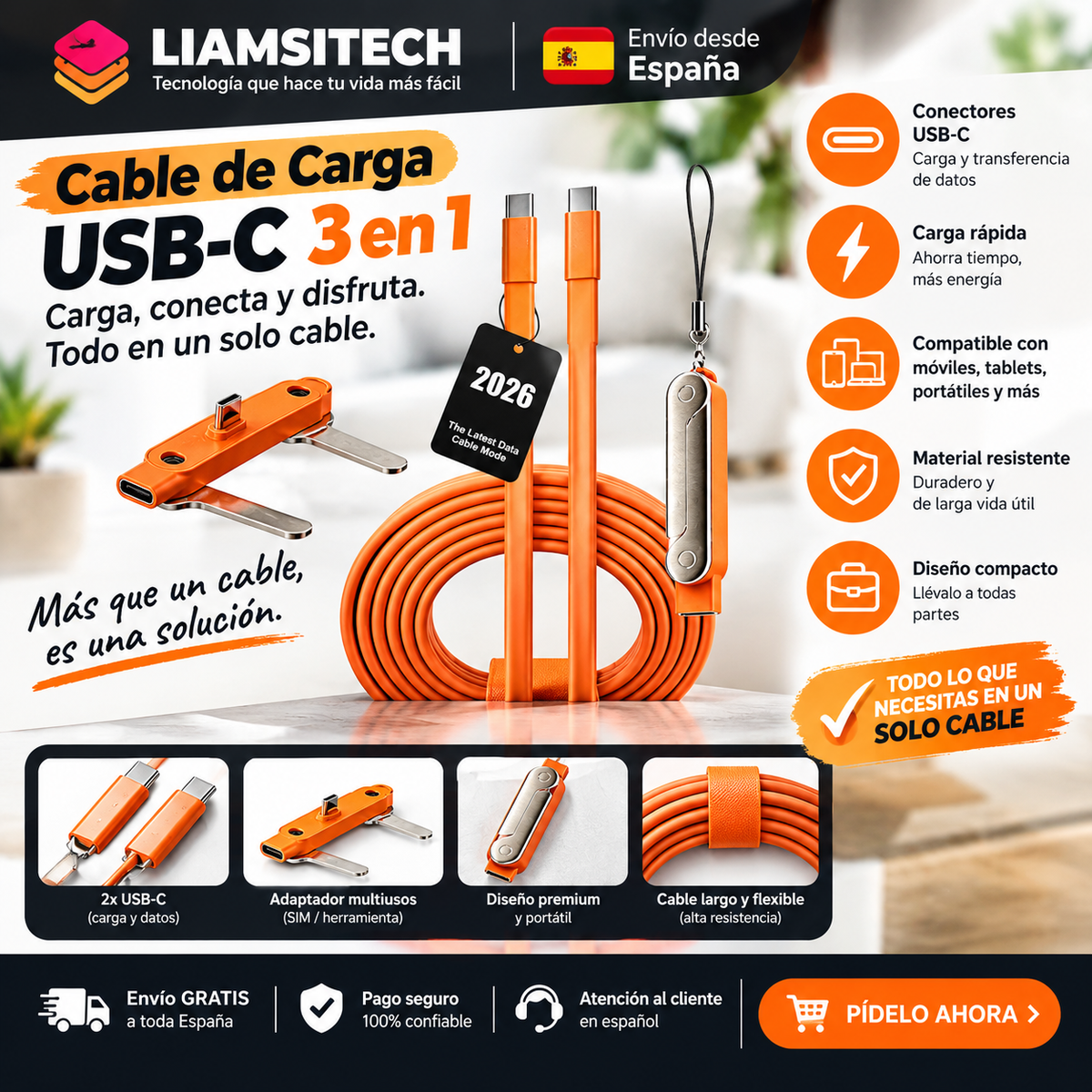 Cavo USB-C 3 in 1 con supporto per cellulare | Ricarica rapida | LIAMSITECH