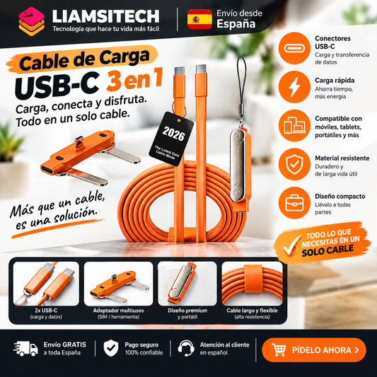 Cavo USB-C 3 in 1 con supporto per cellulare | Ricarica rapida | LIAMSITECH