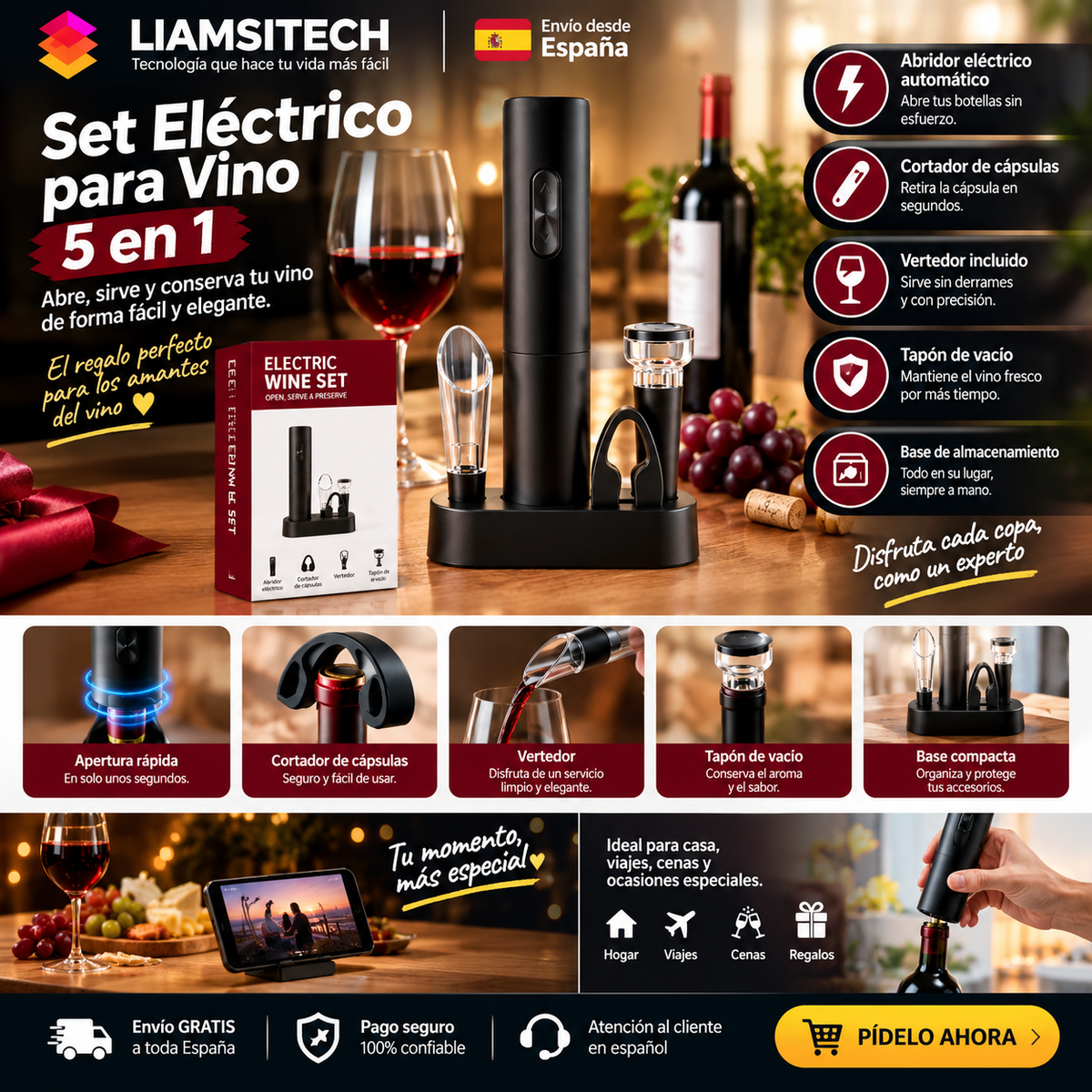 Set Elettrico per Vino 5 in 1 | Cavatappi Automatico + Accessori