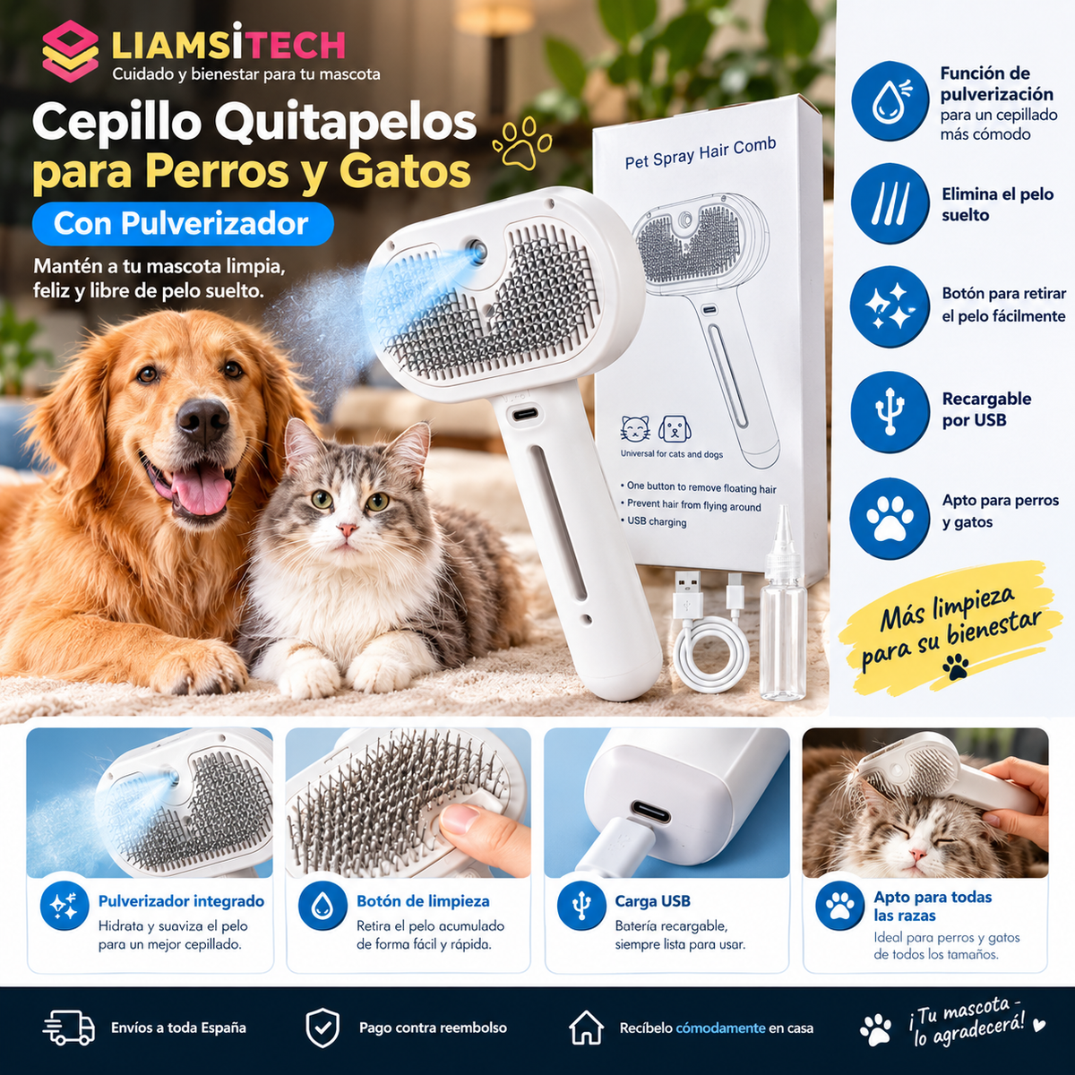 Cepillo Quitapelos para Perros y Gatos con Pulverizador