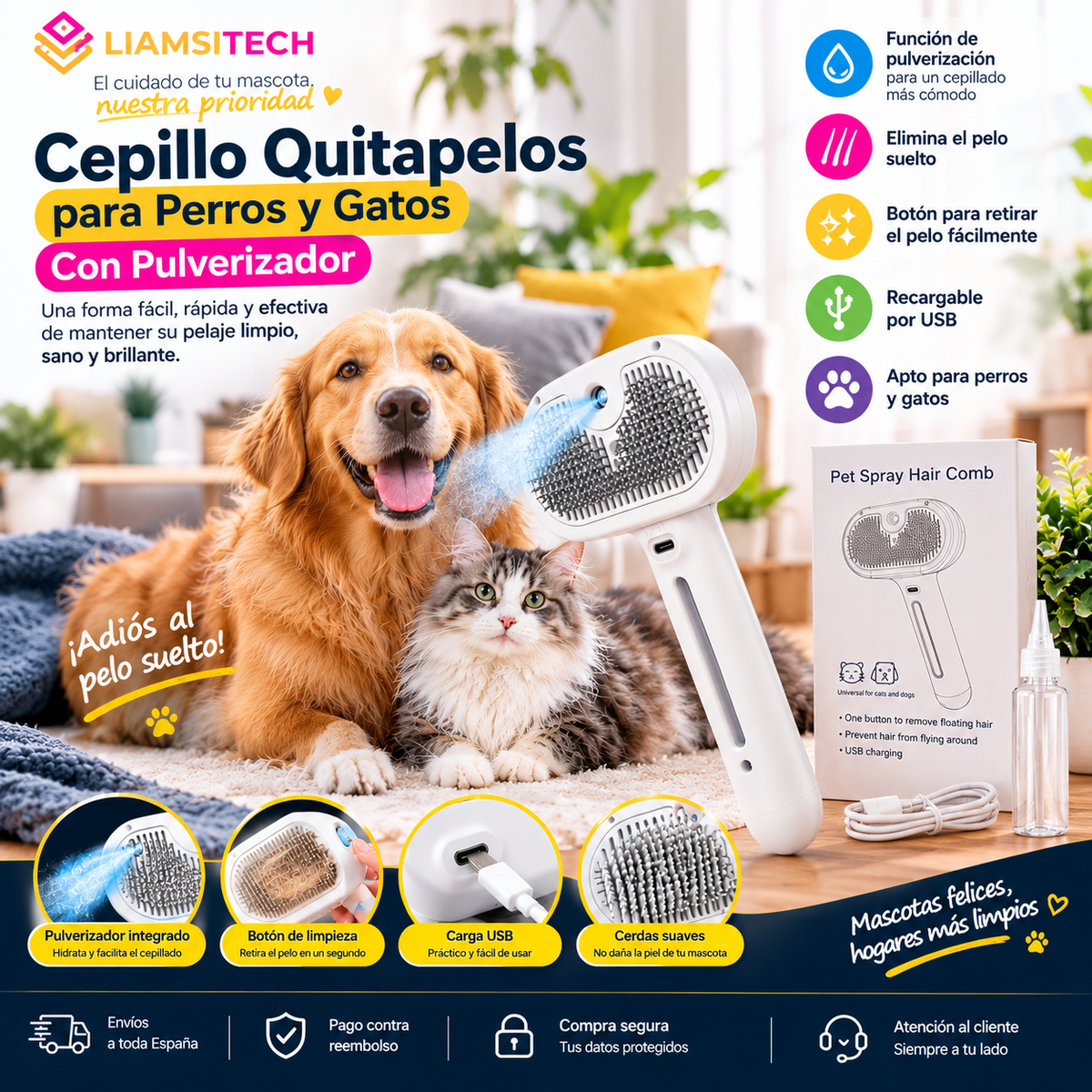 Cepillo Quitapelos para Perros y Gatos con Pulverizador