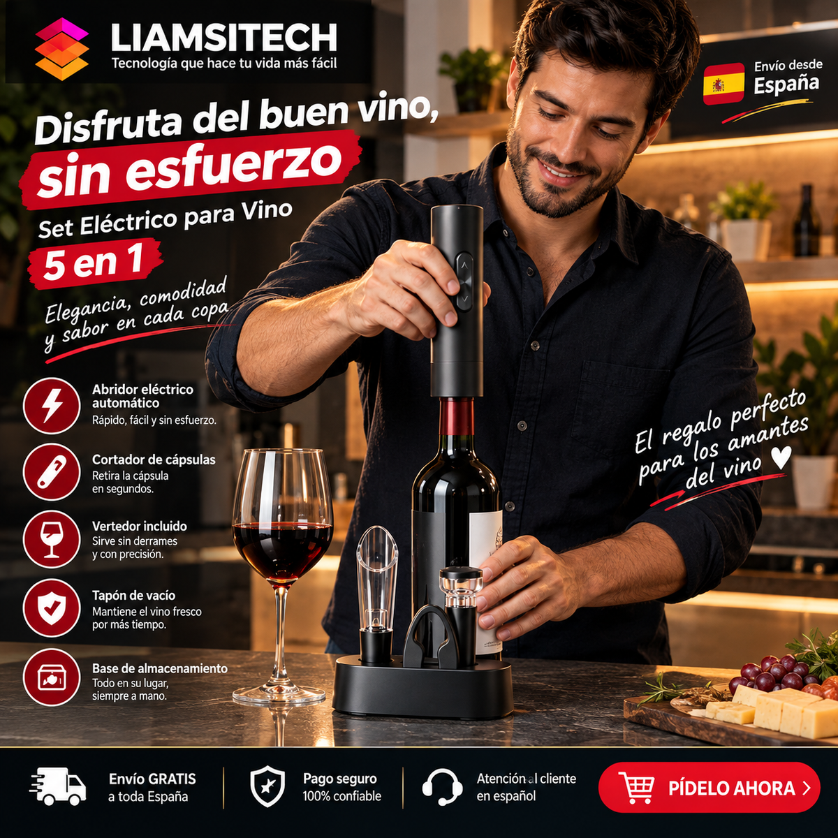 Set Elettrico per Vino 5 in 1 | Cavatappi Automatico + Accessori